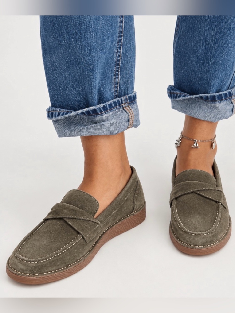 Women's Suede Penny Loafers in Olive